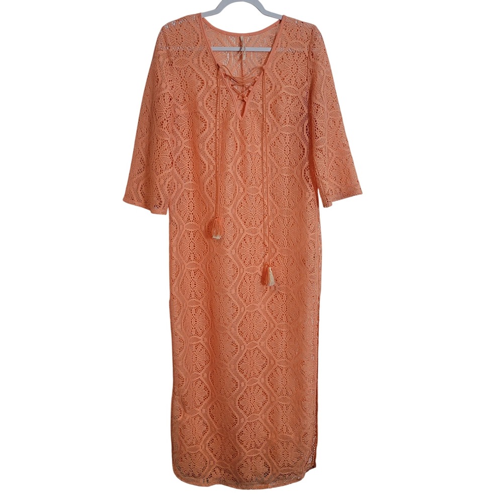 Anthropologie Coral Crochet Lace Up Tassel Maxi Dress Beach Cover Up Small Boho